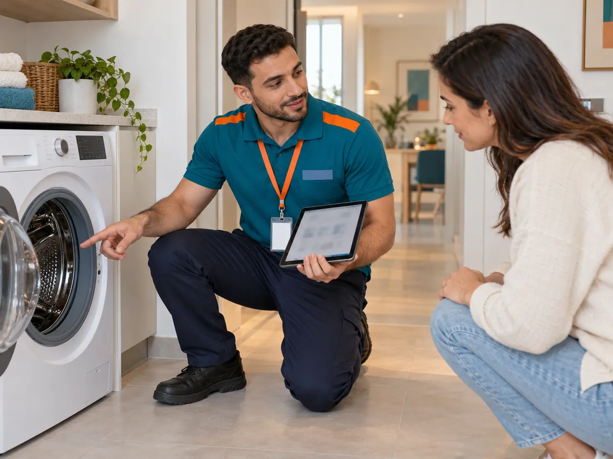 Appliance technician carrying out a washing machine fault diagnosis