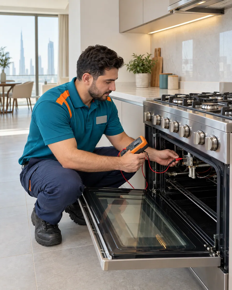 Repair technician testing the components of a cooking range