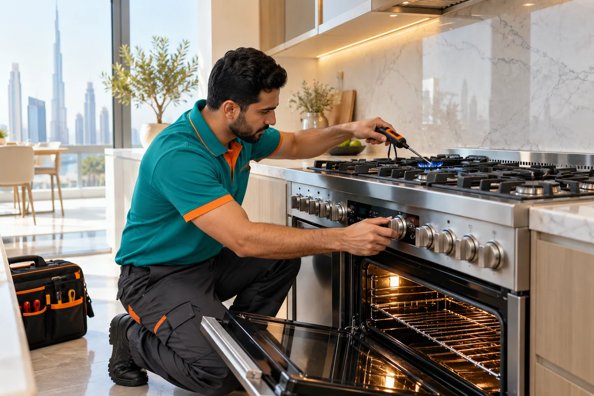Technician diagnosing a dual-fuel cooking range with gas hob and electric oven