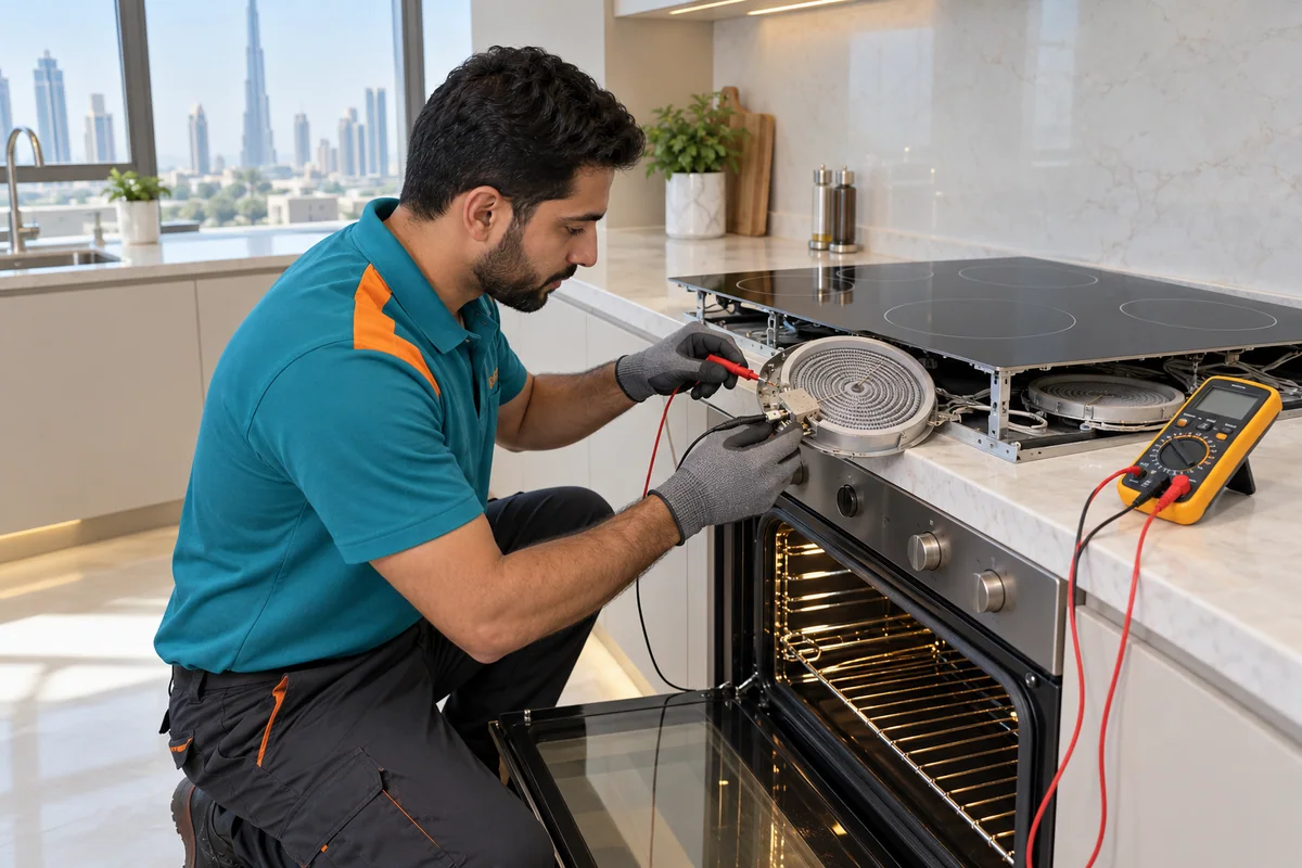 Technician testing an electric hob and oven with diagnostic equipment