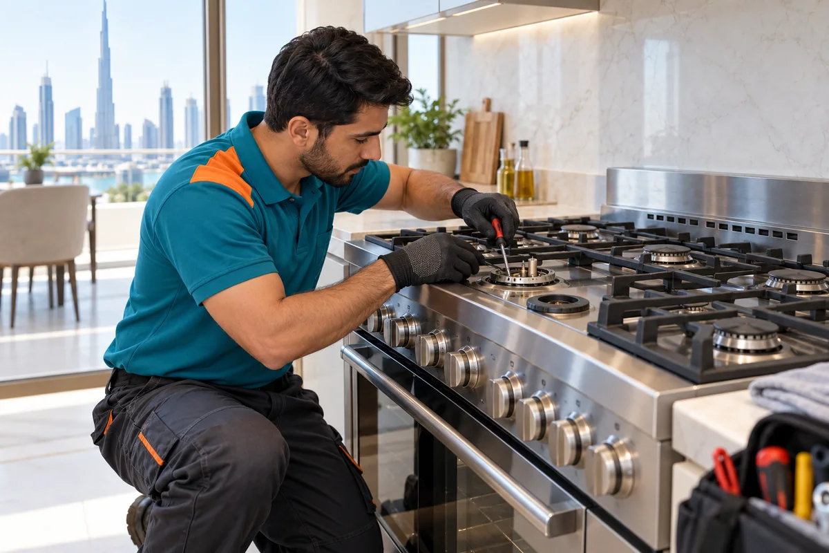 Technician servicing a gas cooking range in a bright Dubai kitchen