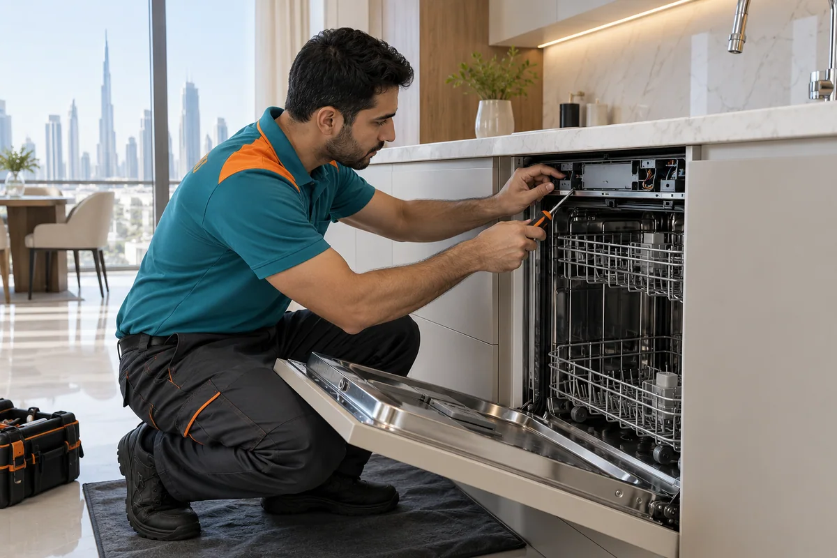 Technician inspecting the controls of a built-in dishwasher in a Dubai kitchen