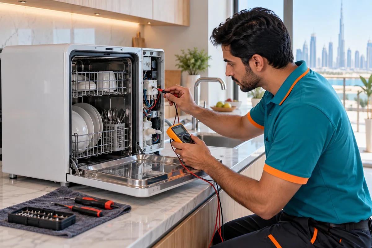 Technician testing a compact countertop dishwasher with a multimeter