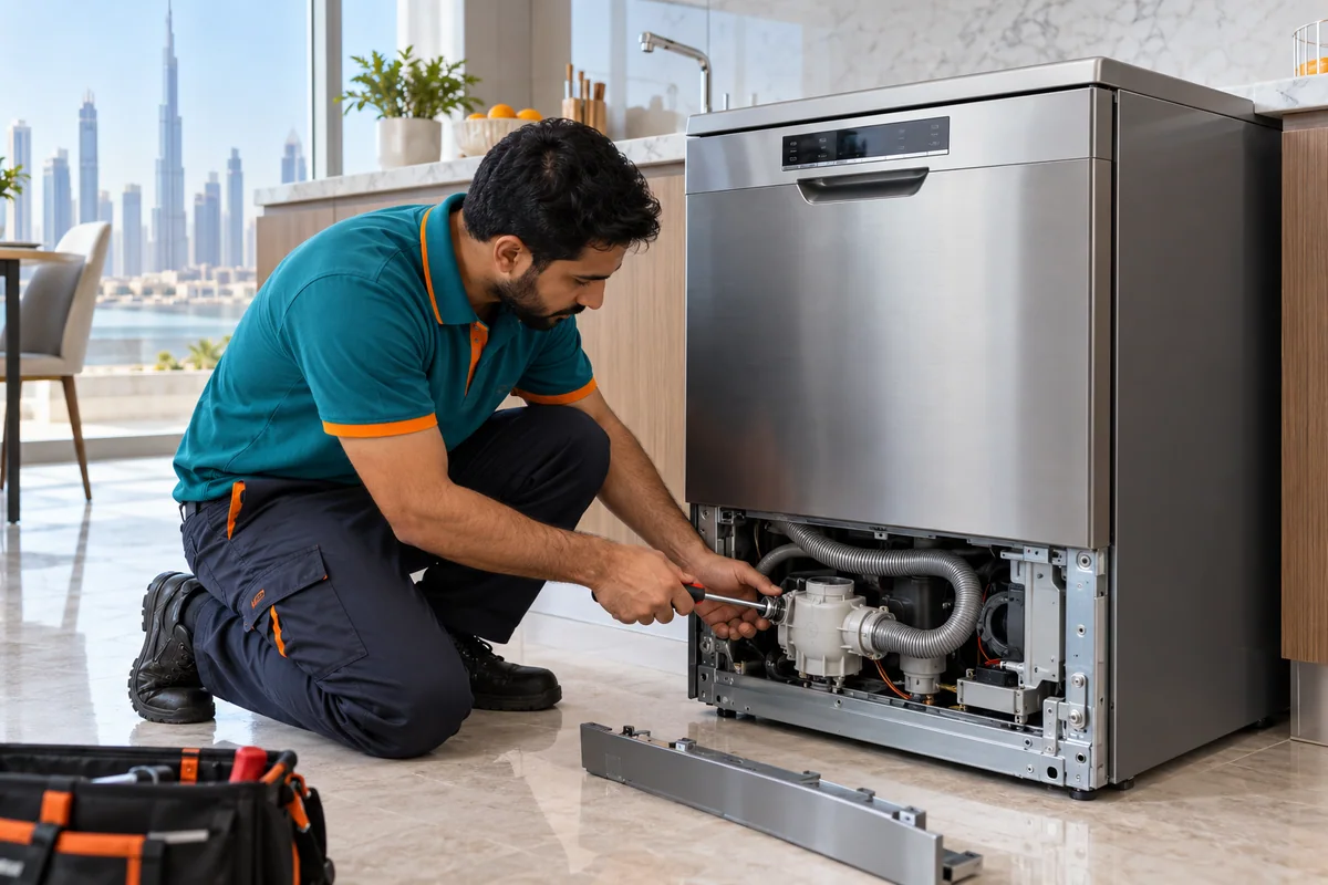 Technician repairing the pump and hoses beneath a freestanding dishwasher