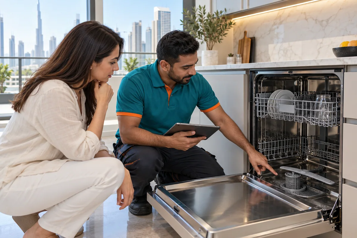 Technician showing a customer the internal dishwasher filter and drainage area
