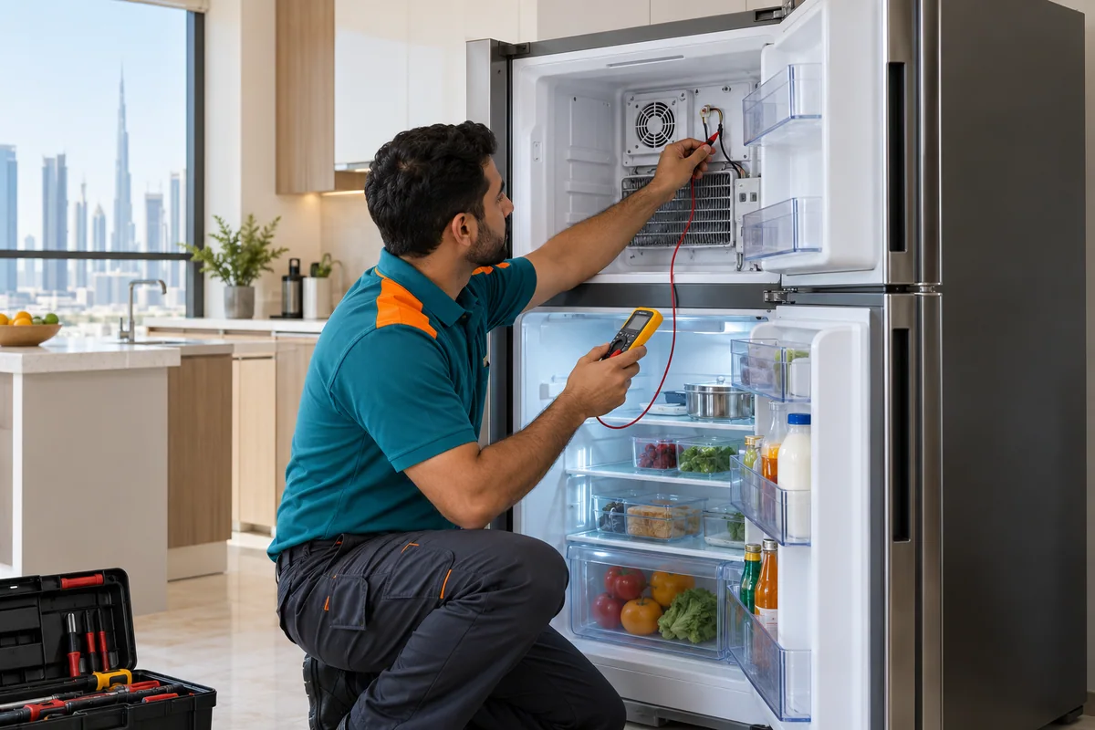 Technician testing the upper cooling area of a double-door refrigerator