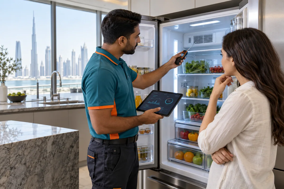 Technician explaining refrigerator temperature readings to a customer