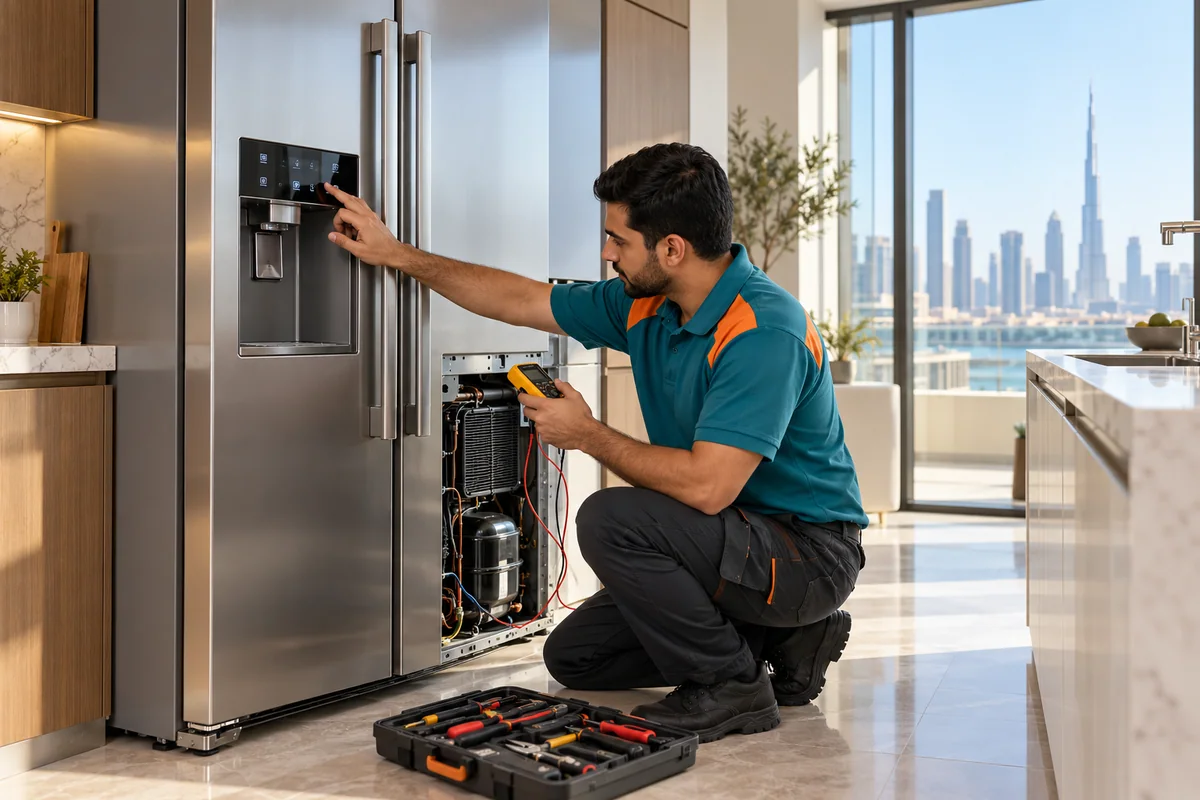 Technician diagnosing a side-by-side refrigerator with a meter in a Dubai kitchen