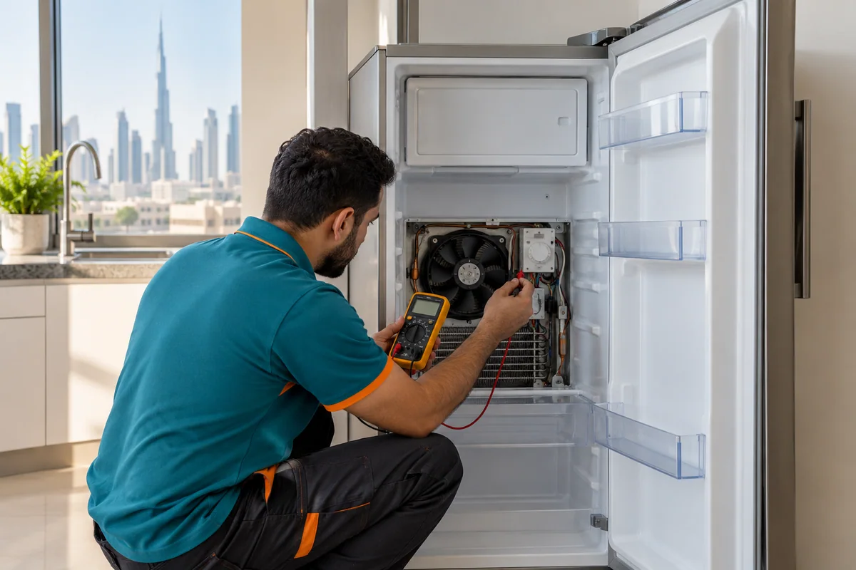 Technician testing the cooling system of a single-door refrigerator in Dubai