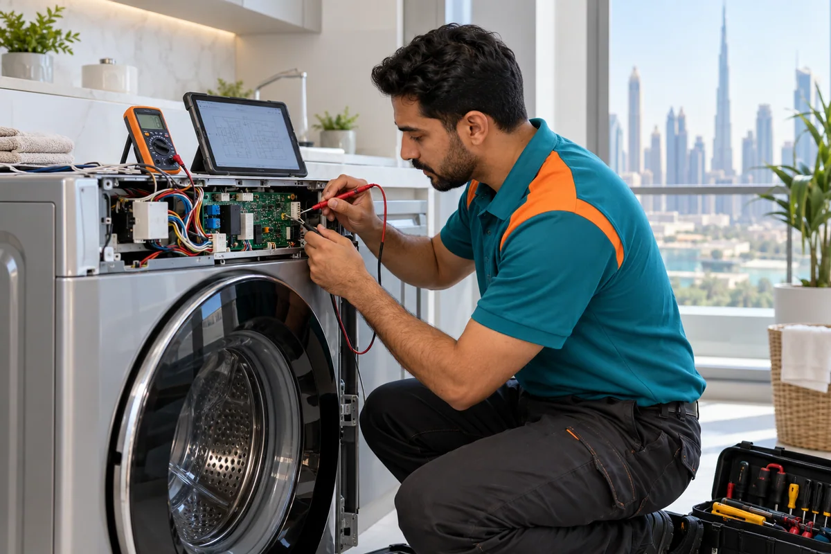 Technician diagnosing automatic washer dryer controls with a multimeter