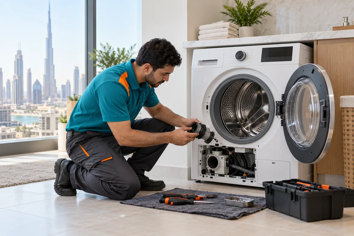 Technician removing a pump component from a freestanding laundry appliance