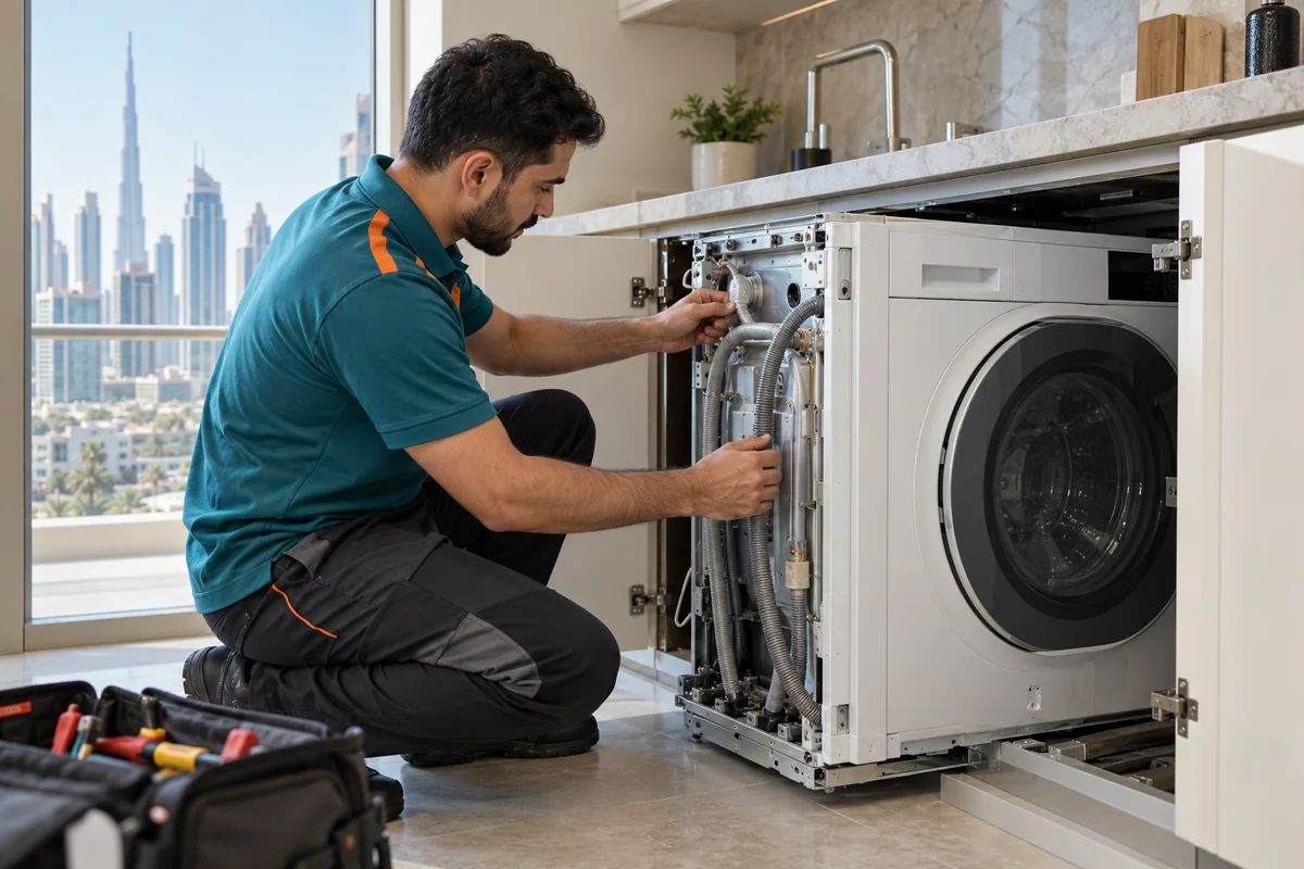 Technician inspecting the internal connections of an integrated laundry appliance in a Dubai home