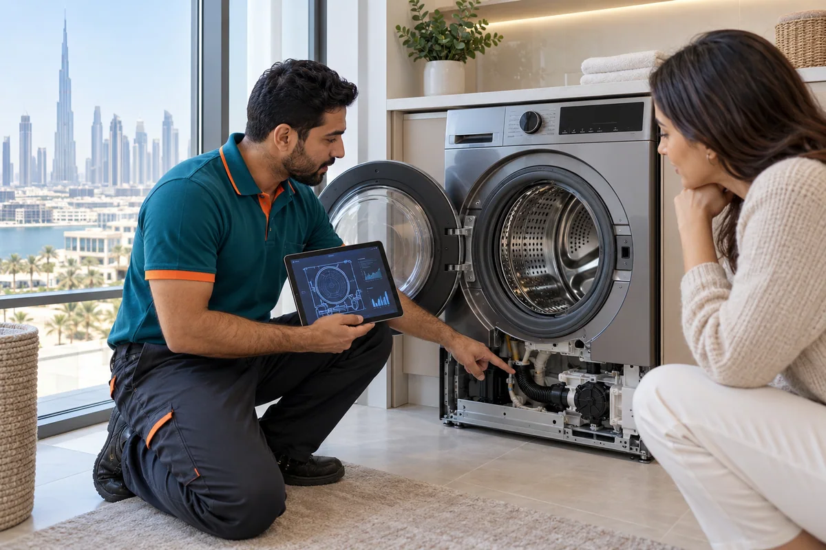 Fixing Care technician explaining washer dryer diagnosis and repair options to a Dubai homeowner